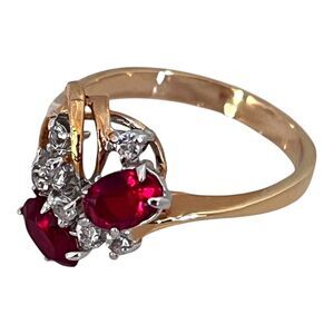 Vintage 1970s Austrian Crystal Ring Size 7 Red Two Stone 14K Gold Plate - 6A